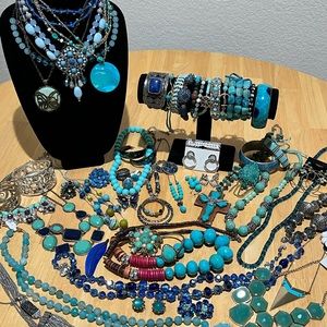 Huge Costume Jewelry Lot- mostly blues, some turquoise tones, Southwestern